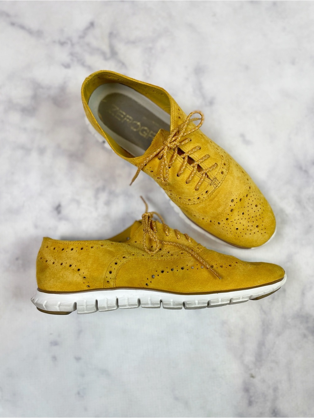 Cole Haan ZeroGrand Mustard Yellow Suede Wingtip Oxfords Comfort Sz 8.5